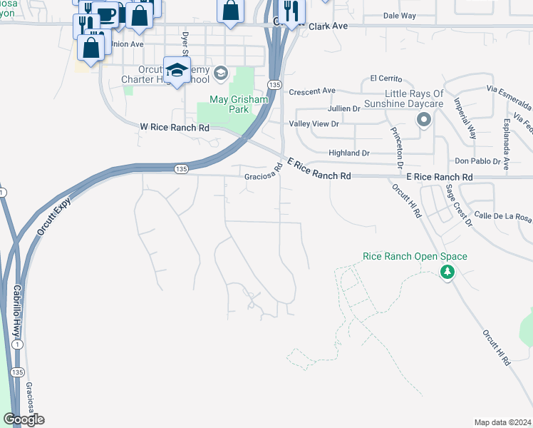 map of restaurants, bars, coffee shops, grocery stores, and more near 165 Deer Run Lane in Santa Maria