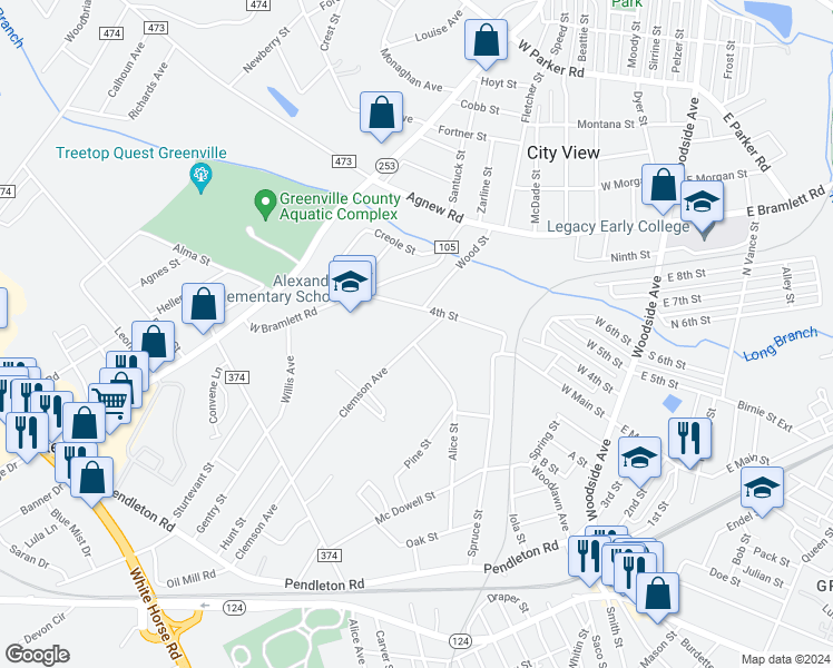 map of restaurants, bars, coffee shops, grocery stores, and more near 303 Clemson Avenue in Greenville
