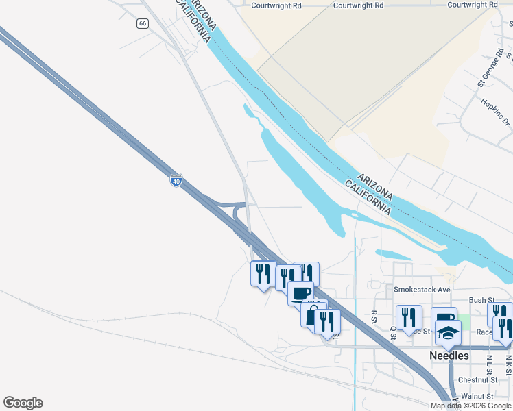 map of restaurants, bars, coffee shops, grocery stores, and more near 2 Balboa Place in Needles