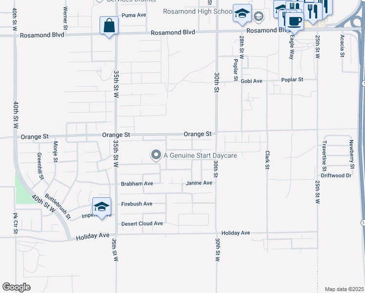 map of restaurants, bars, coffee shops, grocery stores, and more near 3127 Perdot Avenue in Rosamond