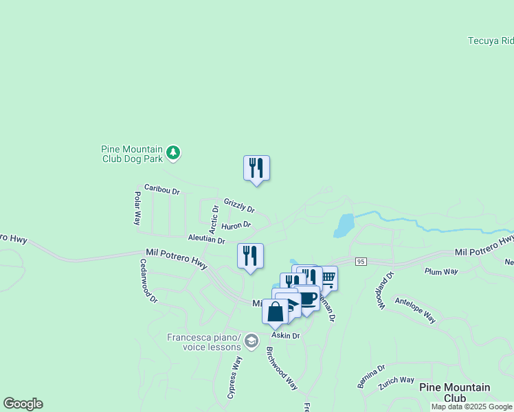 map of restaurants, bars, coffee shops, grocery stores, and more near 16405 Grizzly Drive in Frazier Park