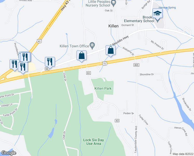map of restaurants, bars, coffee shops, grocery stores, and more near Killen Park in Killen