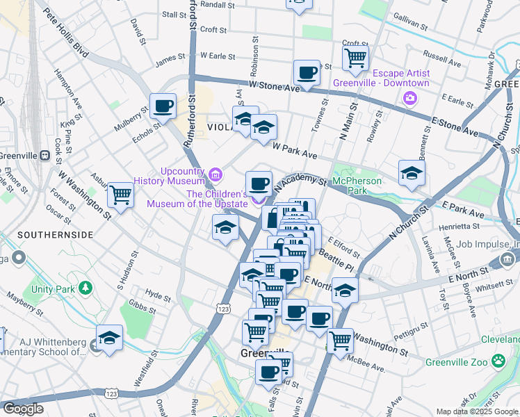 map of restaurants, bars, coffee shops, grocery stores, and more near 300 College Street in Greenville