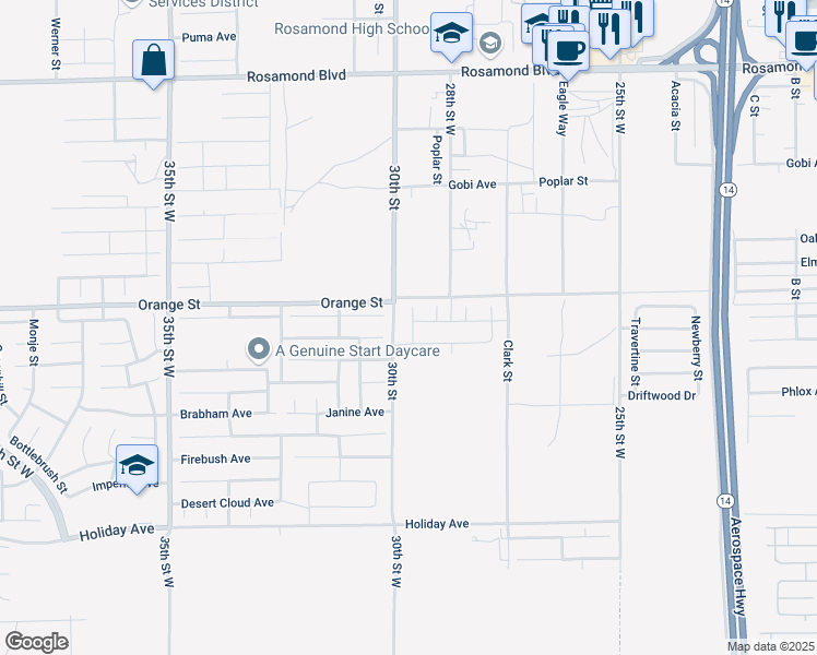 map of restaurants, bars, coffee shops, grocery stores, and more near 2436 Lugar Bonito Court in Rosamond