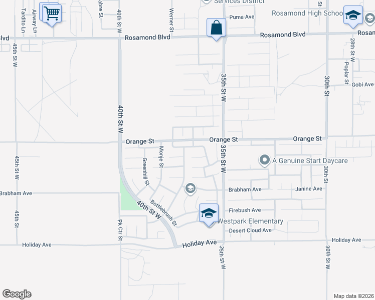 map of restaurants, bars, coffee shops, grocery stores, and more near 2440 Westpark Drive in Rosamond