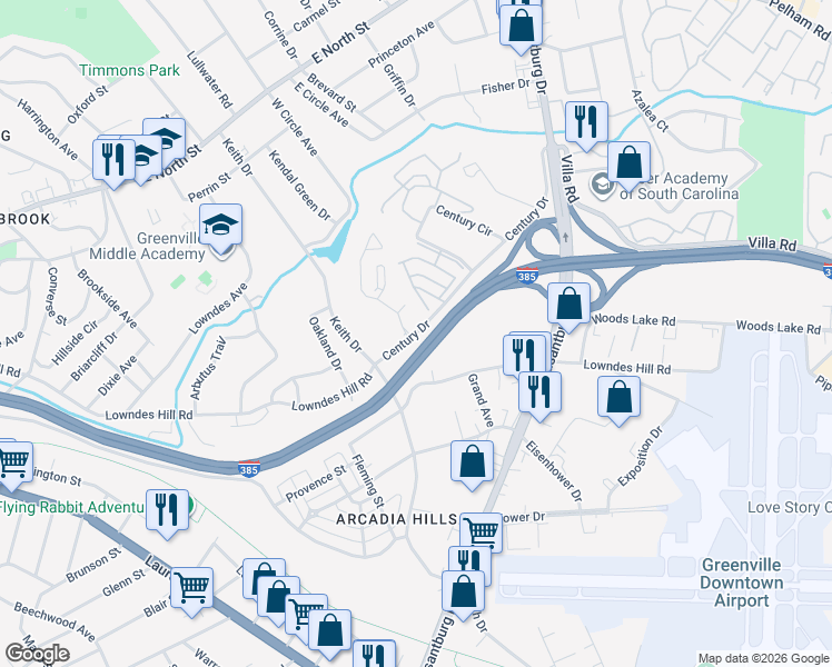 map of restaurants, bars, coffee shops, grocery stores, and more near 65 Century Drive in Greenville