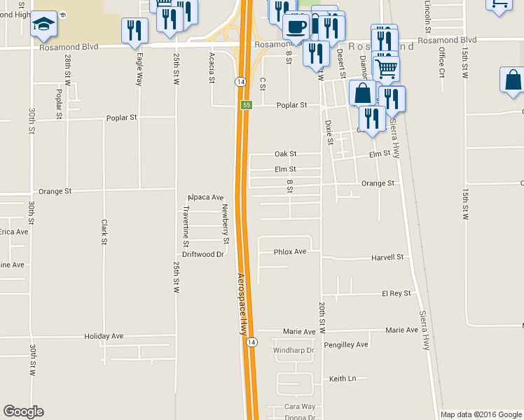 map of restaurants, bars, coffee shops, grocery stores, and more near 2180 Matthew Avenue in Rosamond