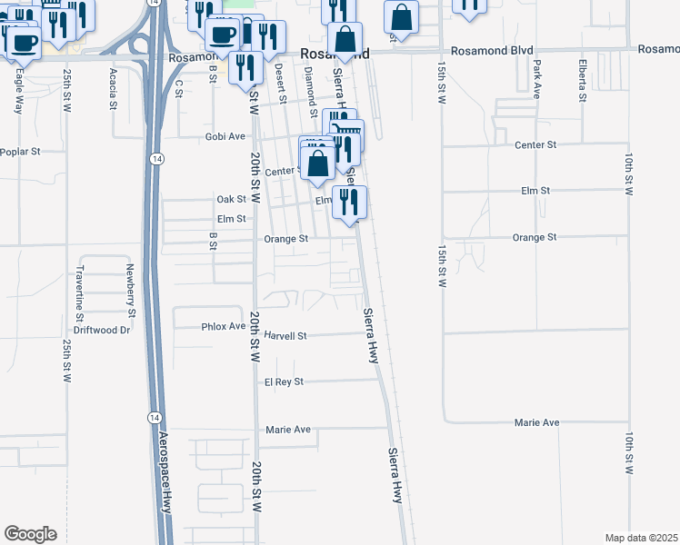 map of restaurants, bars, coffee shops, grocery stores, and more near 2421 Sierra Highway in Rosamond