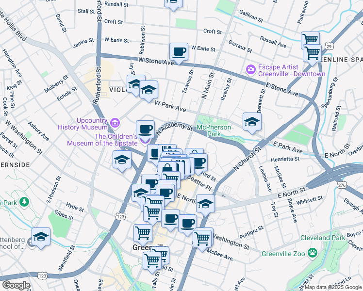 map of restaurants, bars, coffee shops, grocery stores, and more near in Greenville