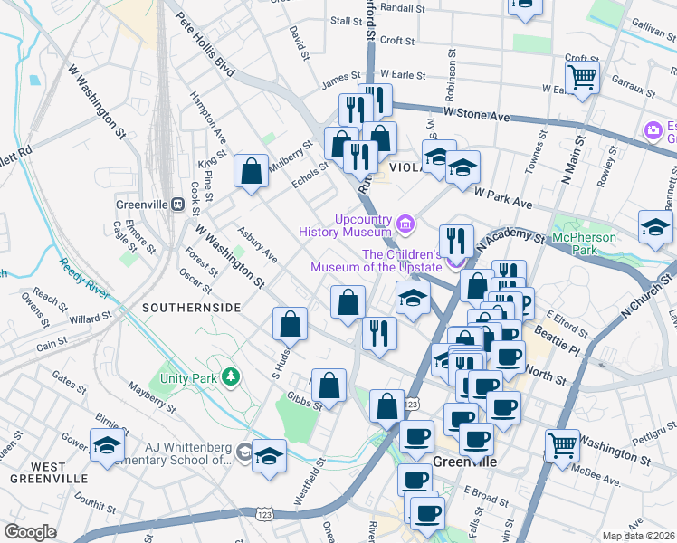 map of restaurants, bars, coffee shops, grocery stores, and more near 314 Hampton Avenue in Greenville