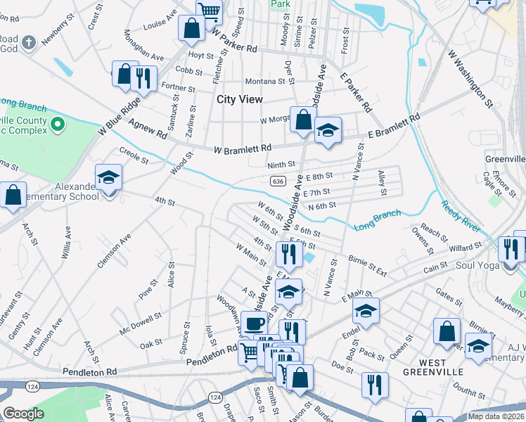 map of restaurants, bars, coffee shops, grocery stores, and more near 15 West 6th Street in Greenville