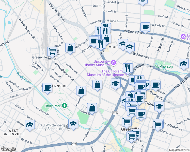 map of restaurants, bars, coffee shops, grocery stores, and more near 314 Hampton Avenue in Greenville