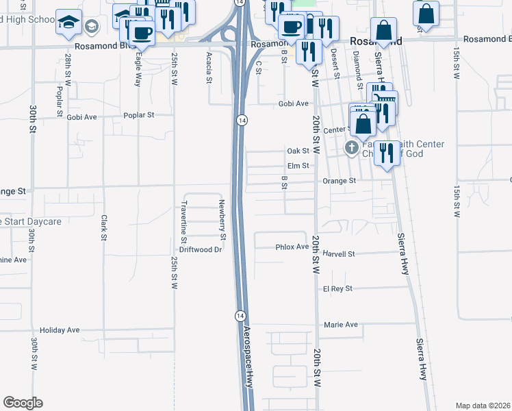 map of restaurants, bars, coffee shops, grocery stores, and more near 2180 Matthew Avenue in Rosamond