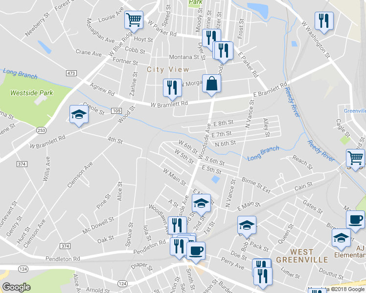 map of restaurants, bars, coffee shops, grocery stores, and more near 15 West 6th Street in Greenville