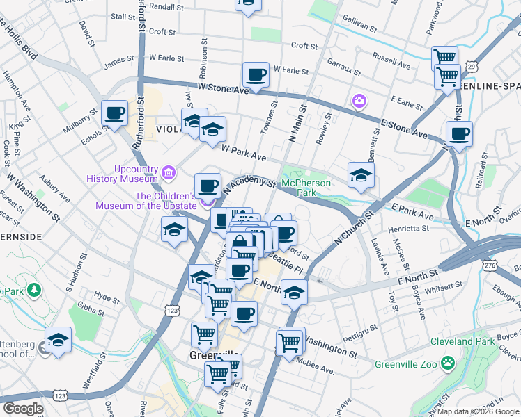 map of restaurants, bars, coffee shops, grocery stores, and more near 404 North Main Street in Greenville