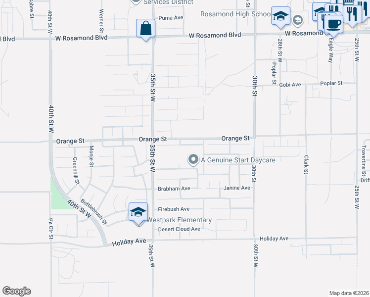 map of restaurants, bars, coffee shops, grocery stores, and more near 3330 Garnet Avenue in Rosamond