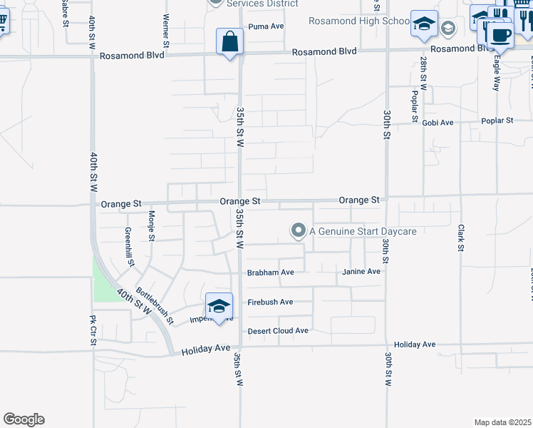 map of restaurants, bars, coffee shops, grocery stores, and more near 3418 Garnet Avenue in Rosamond