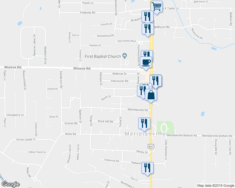 map of restaurants, bars, coffee shops, grocery stores, and more near 150 Ranier Street in Meridianville