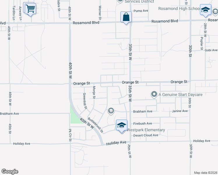 map of restaurants, bars, coffee shops, grocery stores, and more near 2440 Westpark Drive in Rosamond