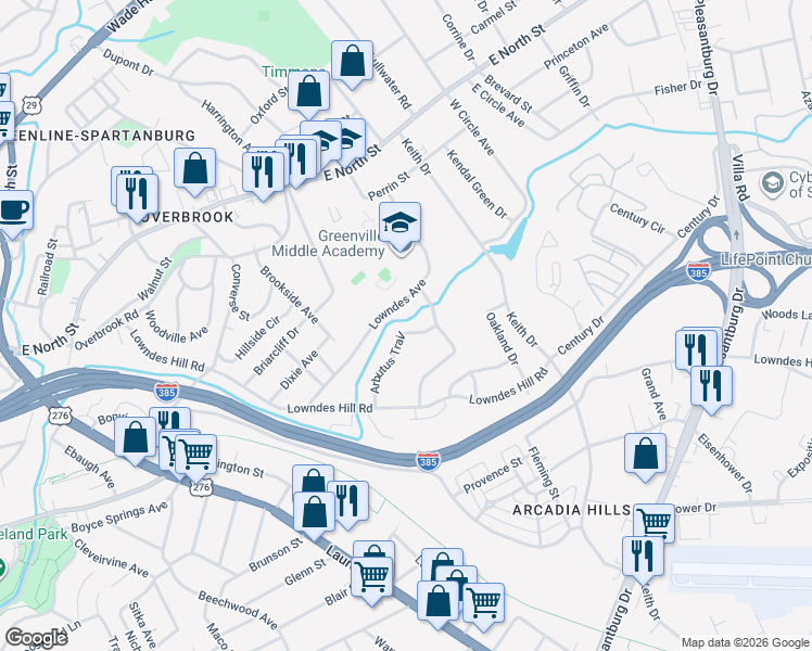 map of restaurants, bars, coffee shops, grocery stores, and more near 36 Arbutus Trail in Greenville