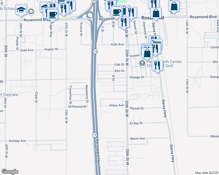 map of restaurants, bars, coffee shops, grocery stores, and more near 2130 Matthew Avenue in Rosamond