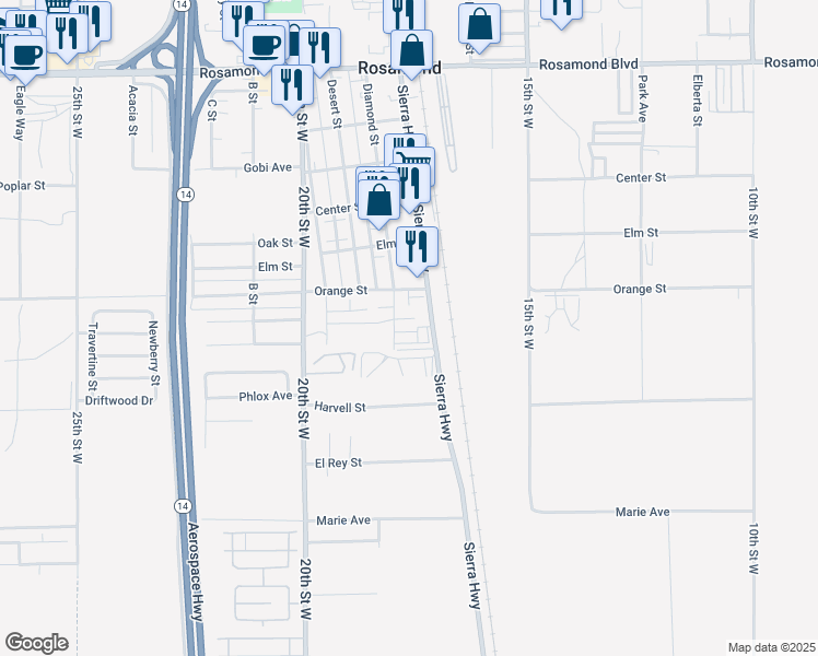 map of restaurants, bars, coffee shops, grocery stores, and more near 2421 Sierra Highway in Rosamond