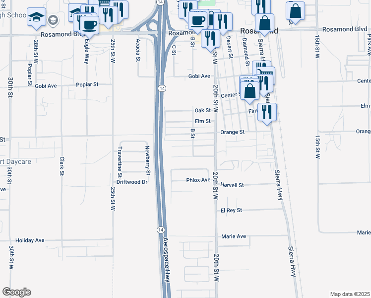 map of restaurants, bars, coffee shops, grocery stores, and more near 2130 Matthew Avenue in Rosamond