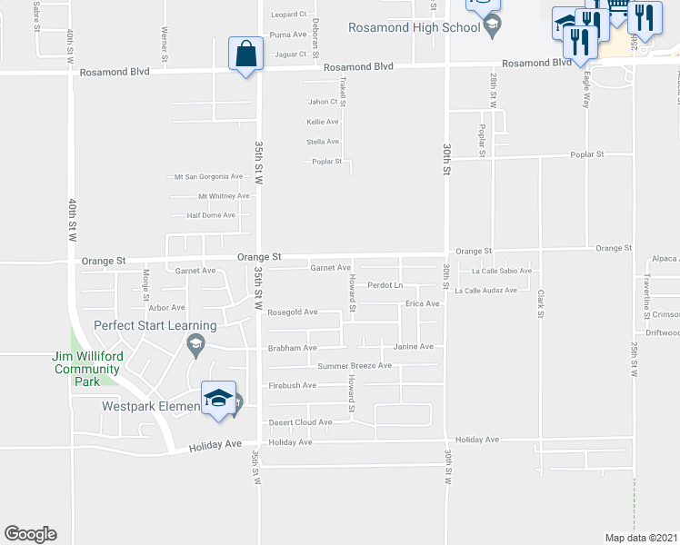 map of restaurants, bars, coffee shops, grocery stores, and more near 3300 Garnet Avenue in Rosamond