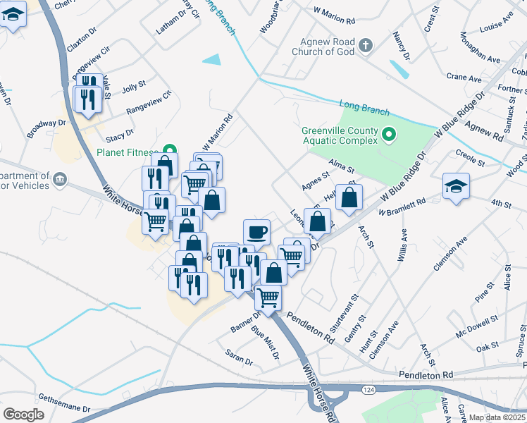 map of restaurants, bars, coffee shops, grocery stores, and more near 10 Bertrand Terrace in Greenville