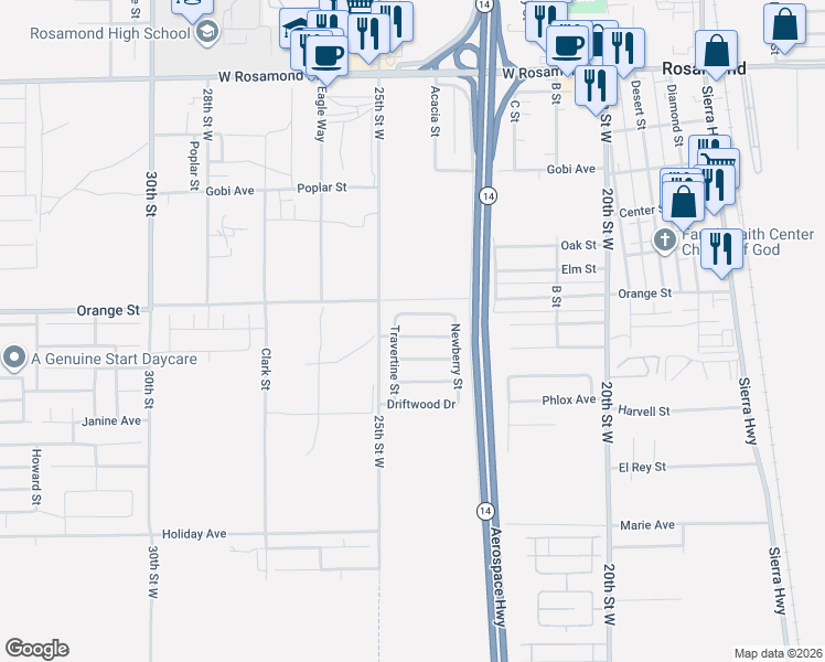 map of restaurants, bars, coffee shops, grocery stores, and more near 2406 Arboretum Avenue in Rosamond