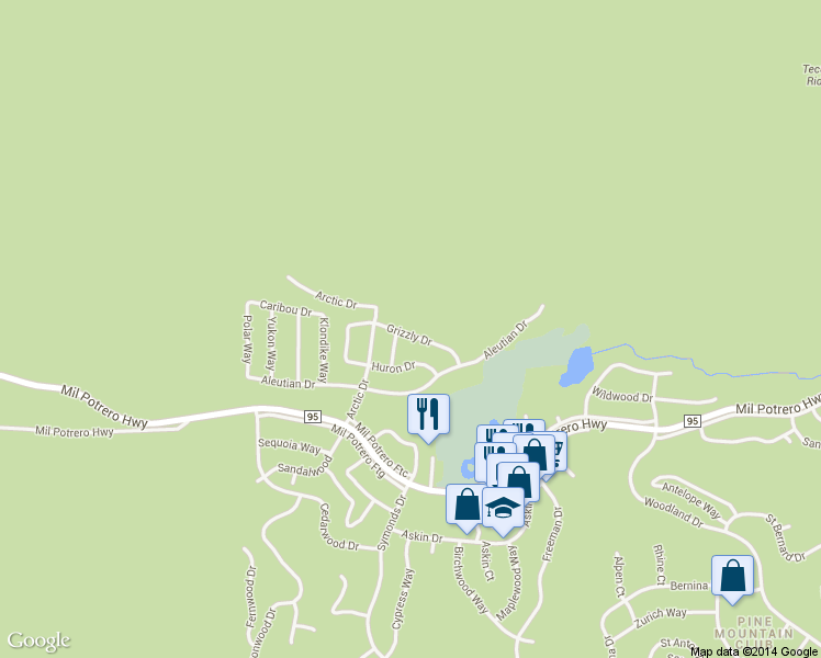 map of restaurants, bars, coffee shops, grocery stores, and more near 16421 Grizzly Drive in Frazier Park
