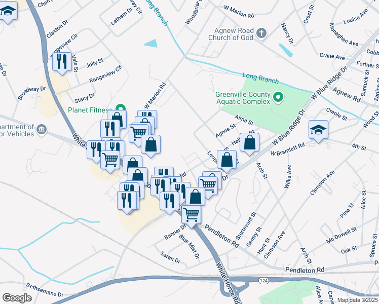 map of restaurants, bars, coffee shops, grocery stores, and more near 3001 Lizzie Dr in Greenville