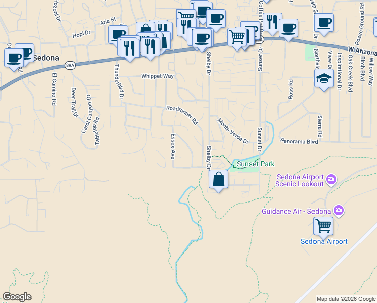 map of restaurants, bars, coffee shops, grocery stores, and more near 170 Donaldson Drive in Sedona