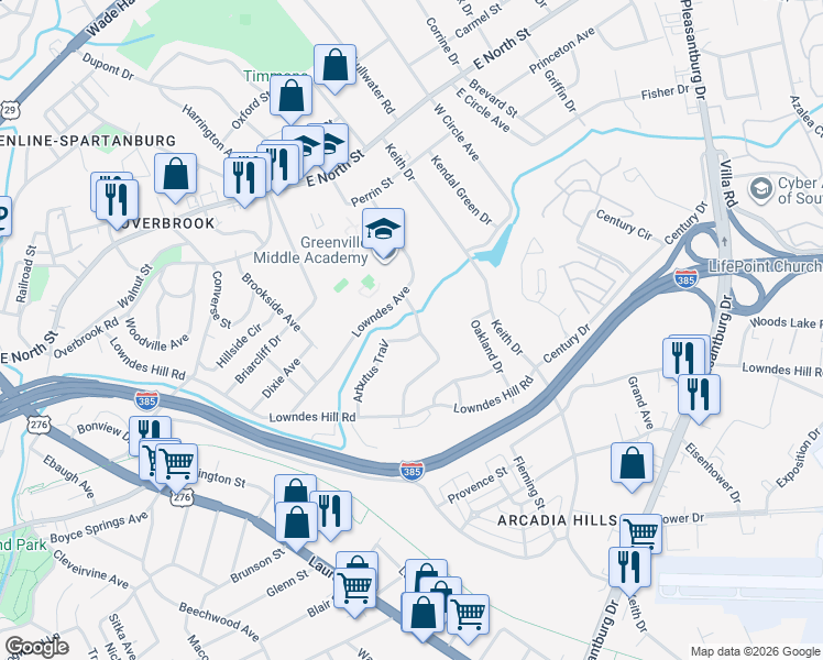 map of restaurants, bars, coffee shops, grocery stores, and more near 52 Arbutus Trail in Greenville