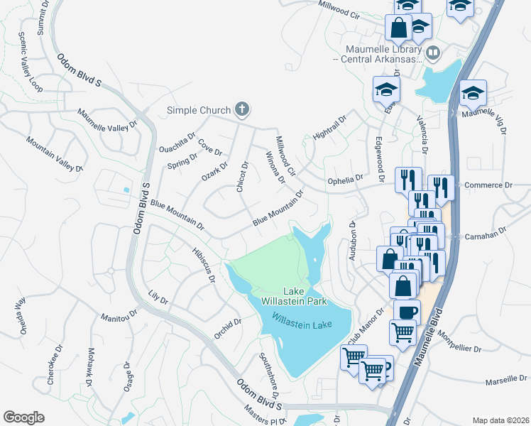 map of restaurants, bars, coffee shops, grocery stores, and more near 4 Degray Cove in Maumelle
