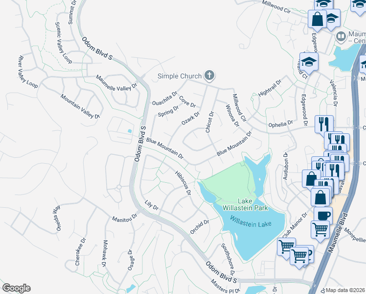 map of restaurants, bars, coffee shops, grocery stores, and more near 45 Blue Mountain Drive in Maumelle