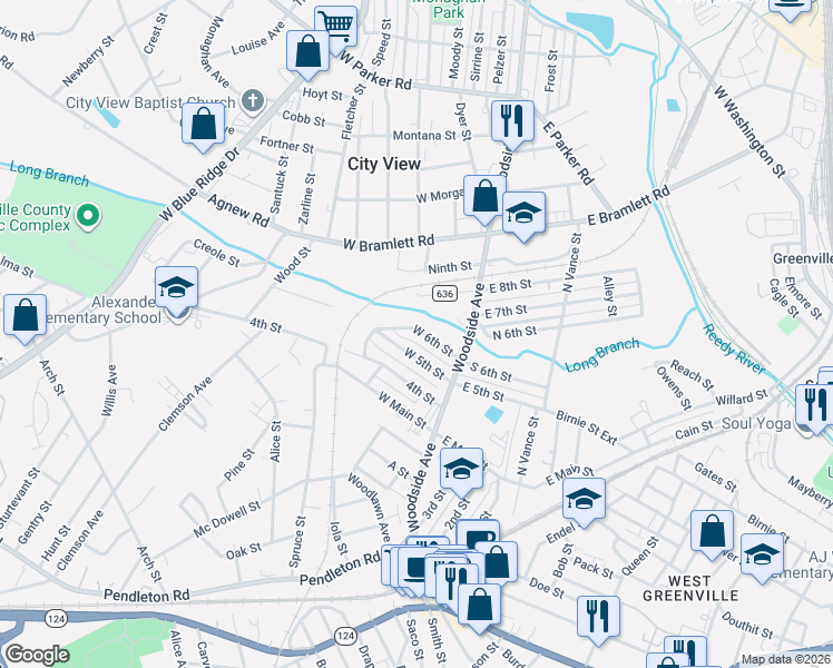 map of restaurants, bars, coffee shops, grocery stores, and more near 29 West 6th Street in Greenville