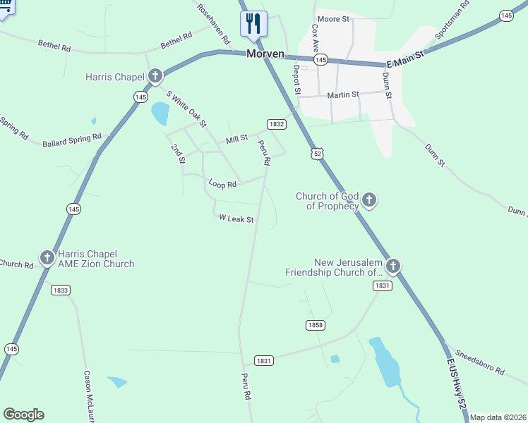 map of restaurants, bars, coffee shops, grocery stores, and more near 206 Short Street in Wadesboro