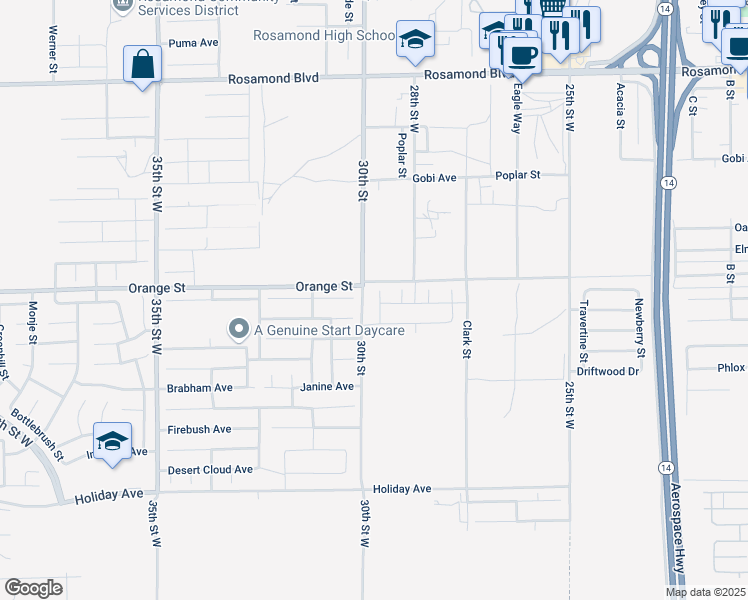 map of restaurants, bars, coffee shops, grocery stores, and more near 3010 Perdot Avenue in Rosamond
