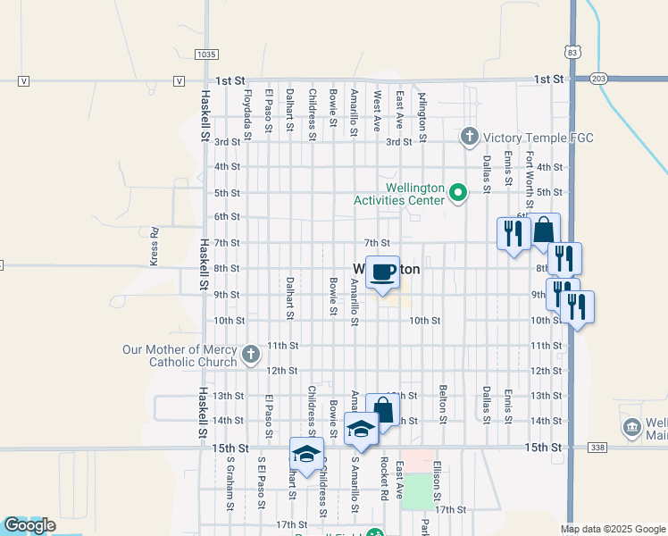 map of restaurants, bars, coffee shops, grocery stores, and more near 801 Bowie Street in Wellington