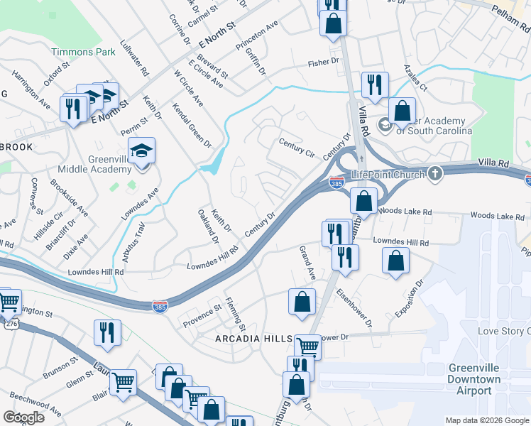 map of restaurants, bars, coffee shops, grocery stores, and more near 65 Century Drive in Greenville