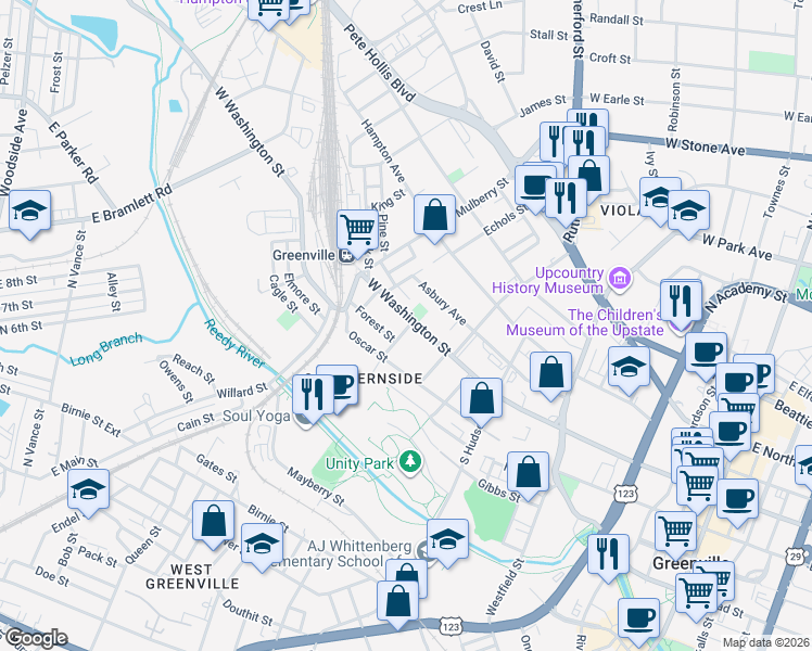 map of restaurants, bars, coffee shops, grocery stores, and more near 101 Trescott Street in Greenville
