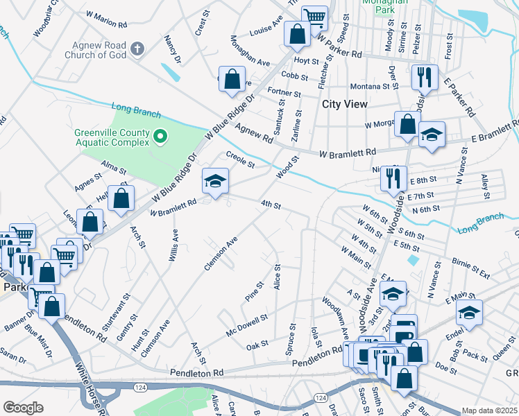 map of restaurants, bars, coffee shops, grocery stores, and more near 300 Clemson Avenue in Greenville
