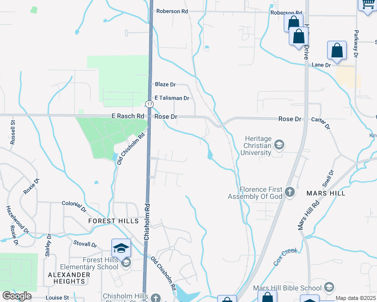 map of restaurants, bars, coffee shops, grocery stores, and more near Martha Ann Lane in Florence