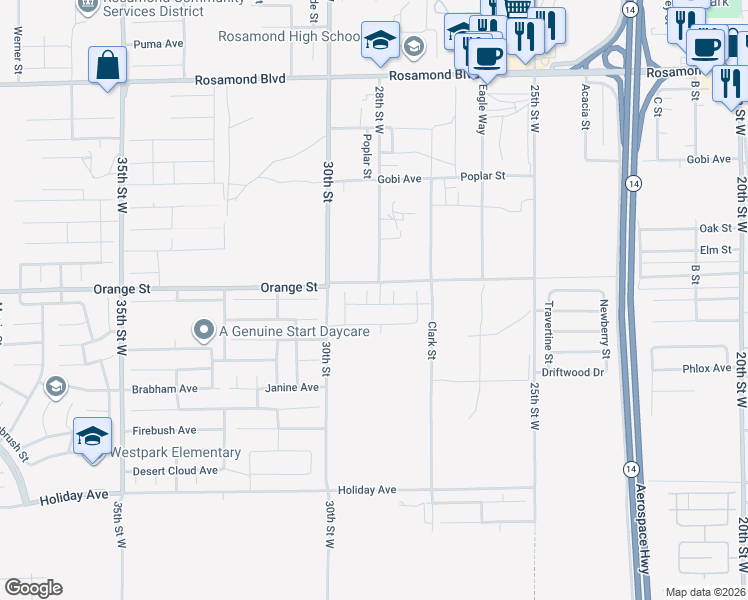 map of restaurants, bars, coffee shops, grocery stores, and more near 30th Street in Rosamond