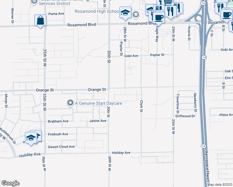 map of restaurants, bars, coffee shops, grocery stores, and more near 2436 Lugar Bonito Court in Rosamond