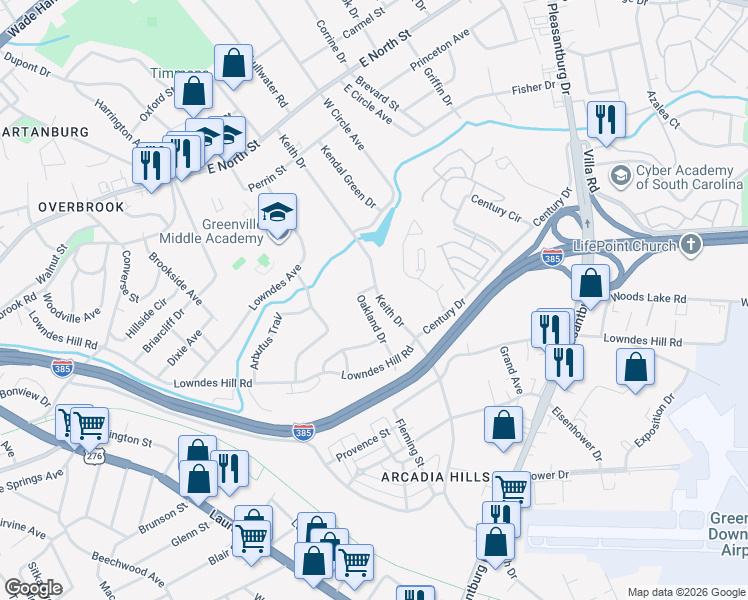 map of restaurants, bars, coffee shops, grocery stores, and more near 115 Oakland Drive in Greenville