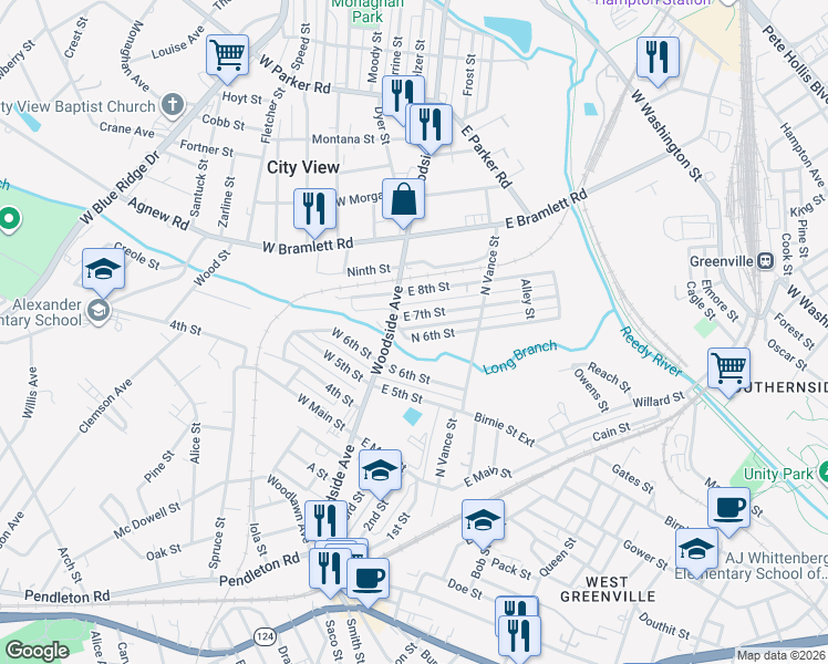 map of restaurants, bars, coffee shops, grocery stores, and more near 23 North 6th Street in Greenville