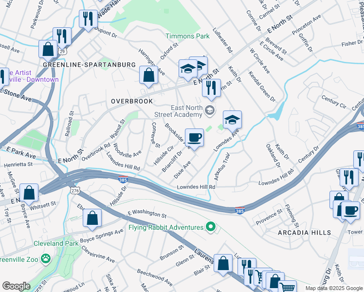 map of restaurants, bars, coffee shops, grocery stores, and more near 108 Brookside Avenue in Greenville