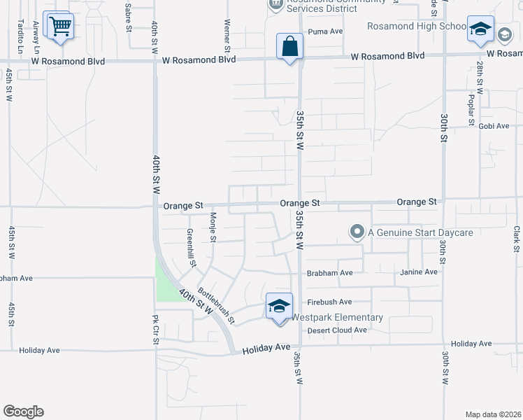 map of restaurants, bars, coffee shops, grocery stores, and more near 3625 Garnet Avenue in Rosamond